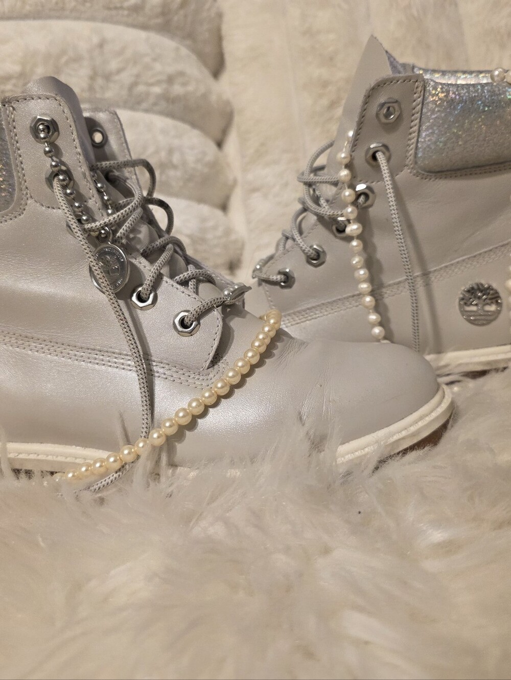 Timberland Women's Pearl-Trim Leather Boots in Light Gray